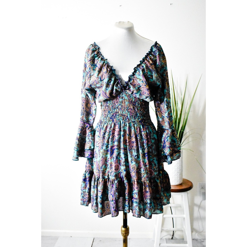Karma High Mini Dress Women OS Teal Purple Gold Paisley Boho Ruffle Smocked 192